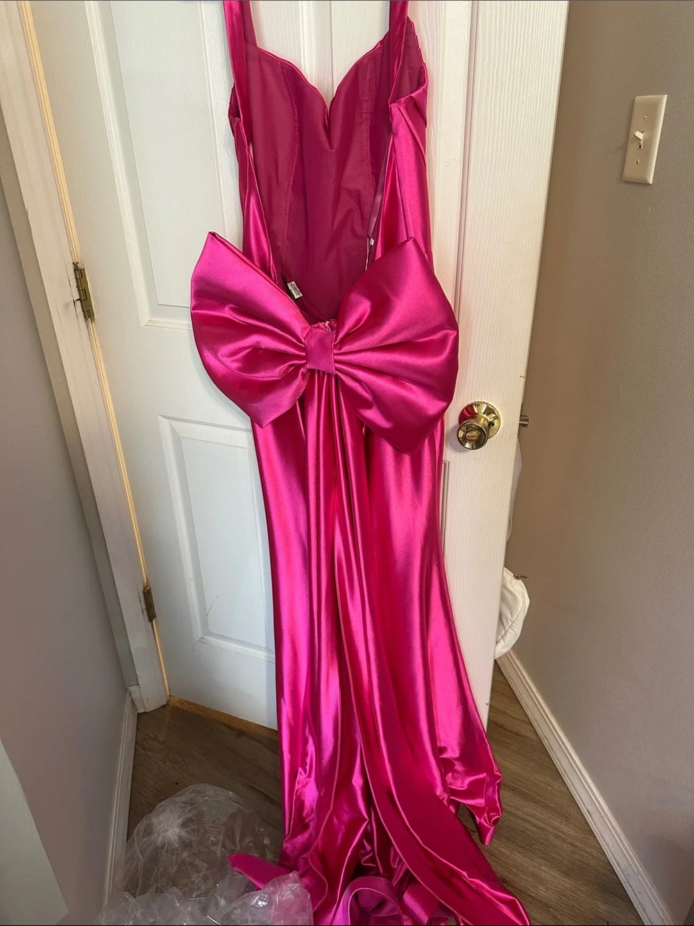 Jovani Hot Pink Satin Prom Gown with Sweetheart Bodice
